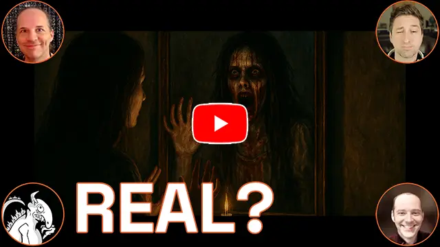 The word 'Real?' at the bottom. A woman in a dark room staring in a mirror and depiction of Bloody Mary looks back.[bloody-mary-alt-text] Hosts Baba, Bill, Danny C, and monster logo in the corners. This is a video.