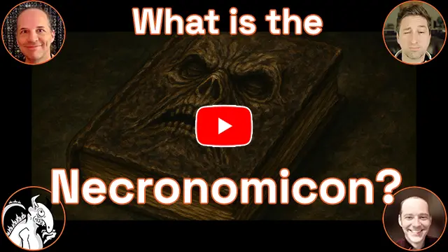 The words 'What is the Necronomicon'. Background is the image of an ancient text with a face - the book is clearly alive. Hosts Baba, Bill, Danny C, and monster logo in the corners. This is a video.