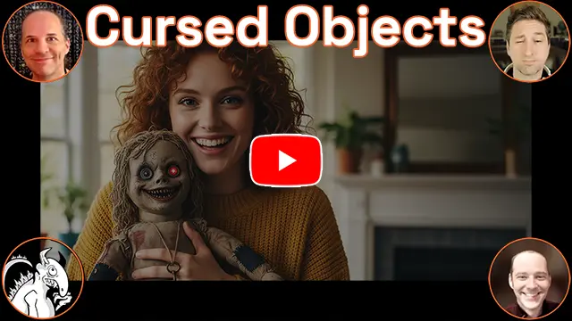 The words 'Cursed Objects'. A washed out image of a woman holding a creepy doll. Hosts Baba, Bill, Danny C, and monster logo in the corners. This is a video.