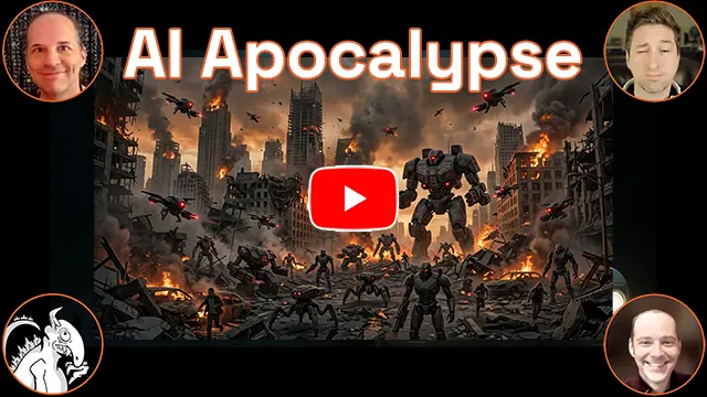 The words 'AI Apocalypse?/ Image at ground level of a destroyed city, buildings on fire. Robots standing as if showing victory. Hosts Baba, Bill, Danny C, and monster logo in the corners. This is a video.
