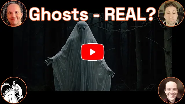 The words 'Ghosts - Real?'. A sheet ghost is standing with its palms out in the woods. Hosts Baba, Bill, Danny C, and monster logo in the corners. This is a video.